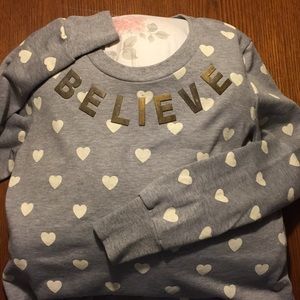 BELIEVE White Heart Polka Dot Grey Crew Sweater